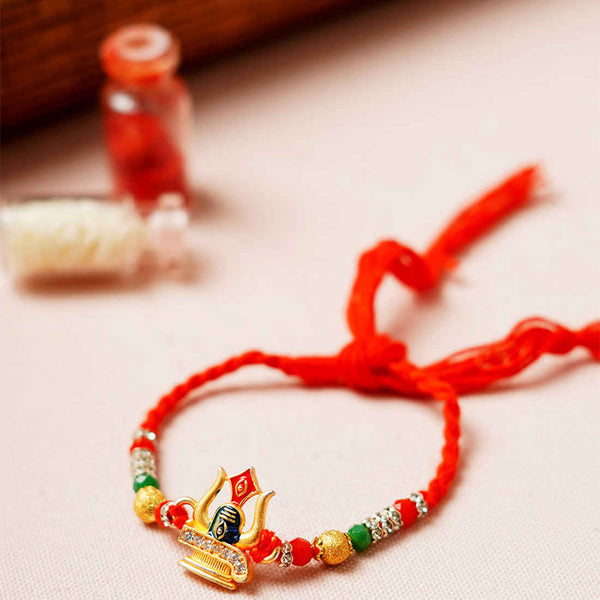 Gold Colorful Beaded Shiv Ling Religious Rakhi - Uncommongifts.in