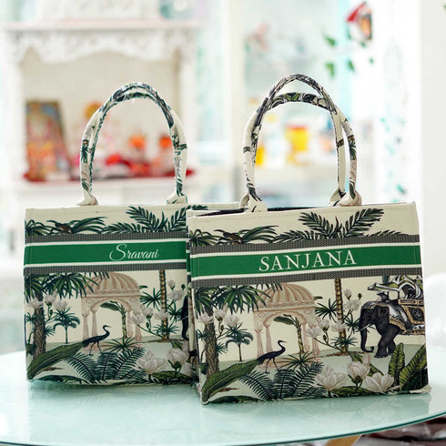 Bird & Elephant Jungle Printed Customised Box Tote Bag - Uncommongifts.in