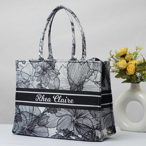 Grey Floral Printed Box Tote Bag - Uncommongifts.in