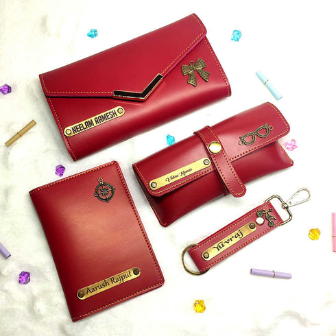 Personalised Gift Combo Women's Wallet With Charm - Red - Uncommongifts.in
