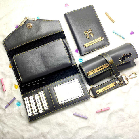 Personalised Gift Combo Women's Wallet With Charm - Navy Blue - Uncommongifts.in