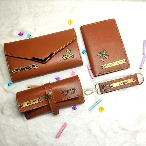 Personalised Gift Combo Women's Wallet With Charm - Brown - Uncommongifts.in