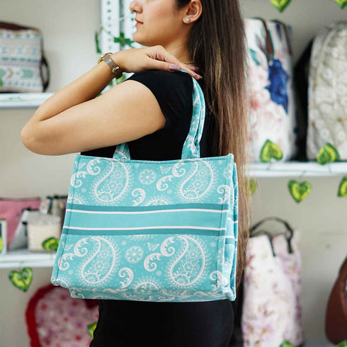 Customized Sky Blue Ethnic Motifs Printed Oversized Structured Handheld Box Bag - Uncommongifts.in