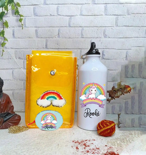 Personalised Bottle with Jelly Sling Bag Rakhi Combo for Kids