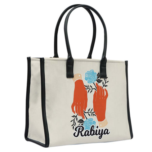 Personalised Hand Floral Printed Box Tote Bag - Uncommongifts.in