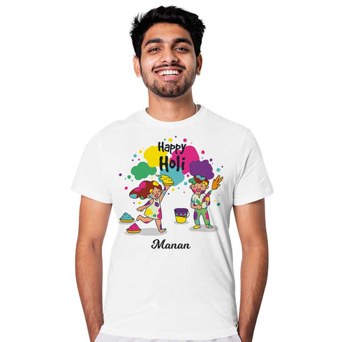 Personalized Happy Holi Printed T-Shirt - Uncommongifts.in