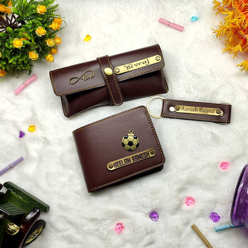 Personalised Gift Combo Men's Wallet With Charm - Dark Brown - Uncommongifts.in
