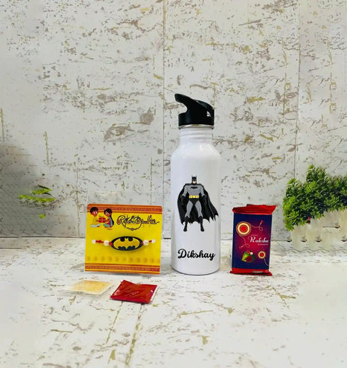 Personalised Printed Steel Bottle With Straw Rakhi Combo for Kids