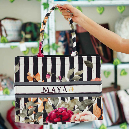 Customized Floral Printed Black & White Handheld Box Bag - Uncommongifts.in