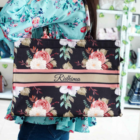 Customized Floral Printed Black Handheld Box Bag - Uncommongifts.in