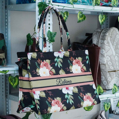 Customized Floral Printed Black Handheld Box Bag - Uncommongifts.in