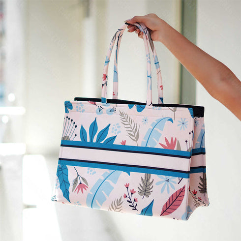 Customized Blue Leaf Printed Handheld Box Tote Bag - Uncommongifts.in