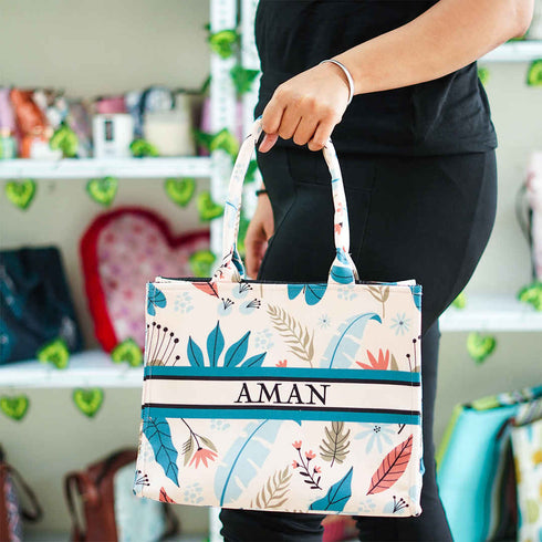 Customized Blue Leaf Printed Handheld Box Tote Bag - Uncommongifts.in