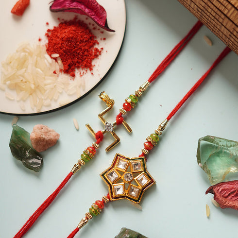 Swastika Star Thread Rakhi Set of 2 - Uncommongifts.in