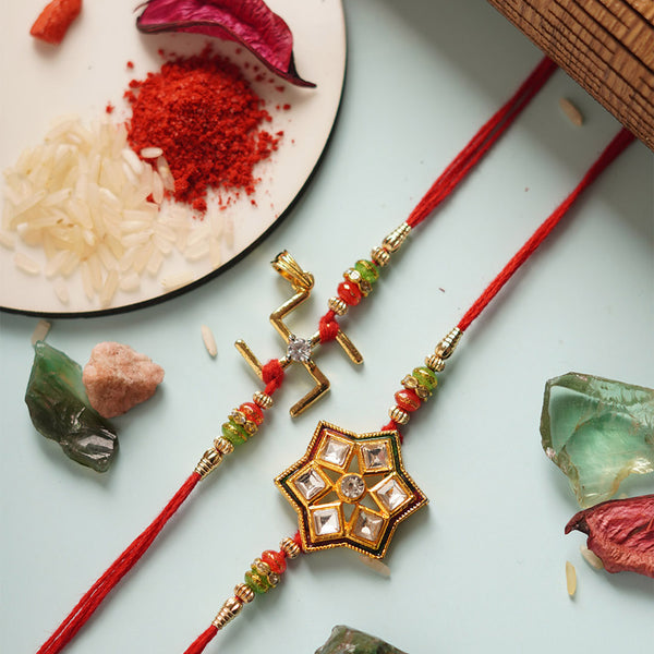 Swastika Star Thread Rakhi Set of 2 - Uncommongifts.in