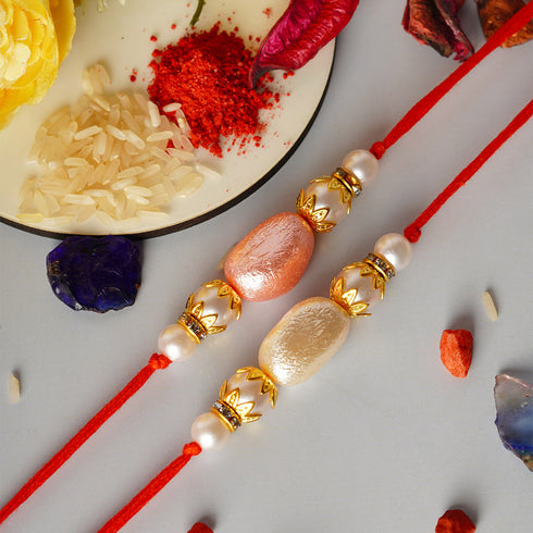Peach & White Stone Rakhi Set of 2 - Uncommongifts.in