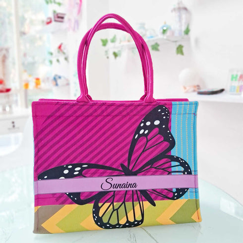 Pink Butterfly Printed Customised Box Tote Bag - Uncommongifts.in