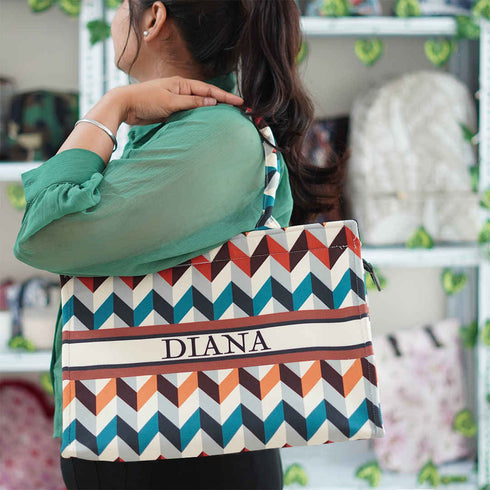 Customized Chevron Printed Multicolor Handheld Box Bag - Uncommongifts.in