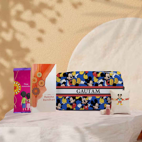 Personalised Box Pouch & Cartoon Rakhi Gift Combo For Kids