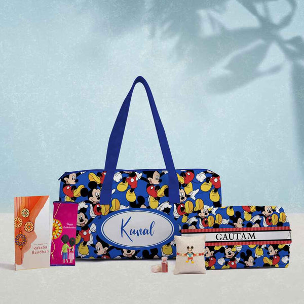 Personalised Cartoon Rakhi and Duffle Bag Gift Combo for Kids