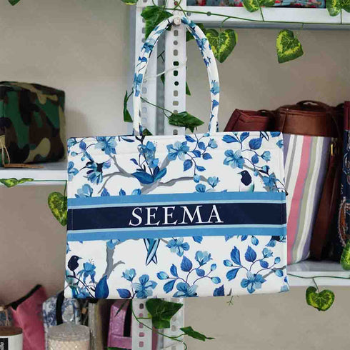 Customized Blue Floral Printed Handheld Bag Box Handbags - Uncommongifts.in