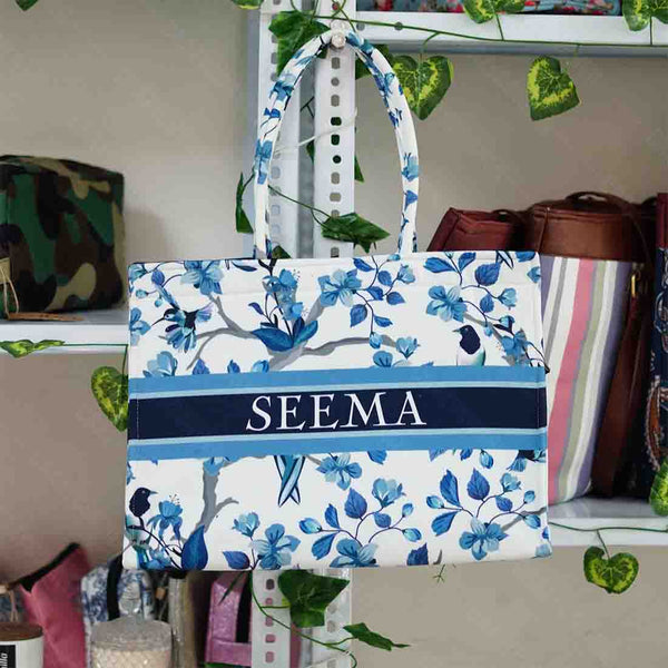 Customized Blue Floral Printed Handheld Bag Box Handbags - Uncommongifts.in