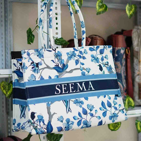 Customized Blue Floral Printed Handheld Bag Box Handbags - Uncommongifts.in