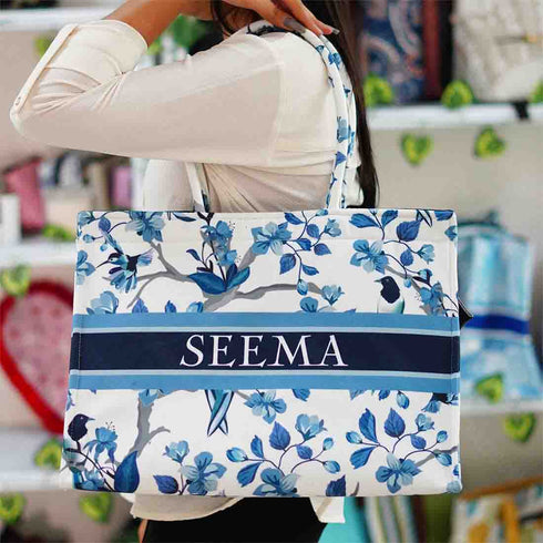 Customized Blue Floral Printed Handheld Bag Box Handbags - Uncommongifts.in