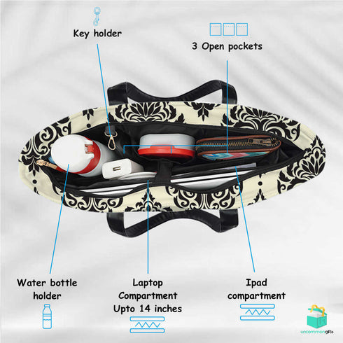 Damask black and white Printed Women's Office Bag - Uncommongifts.in