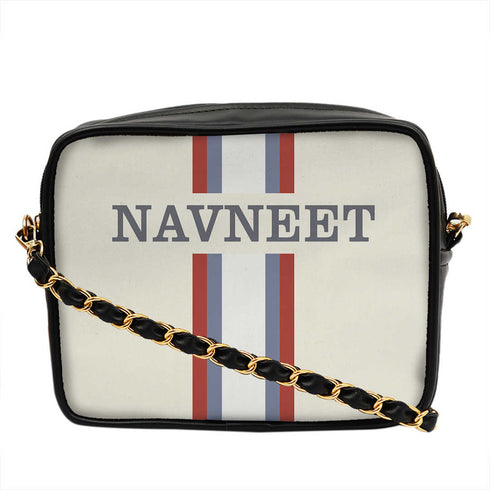 Personalised White Striped Sling Bag - Uncommongifts.in