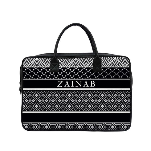 Black and White Stripes Printed Canvas and PU Laptop Bag - Uncommongifts.in