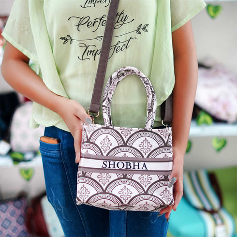 Customized Ethnic Motifs Printed Brown Handheld Box Bag - Uncommongifts.in