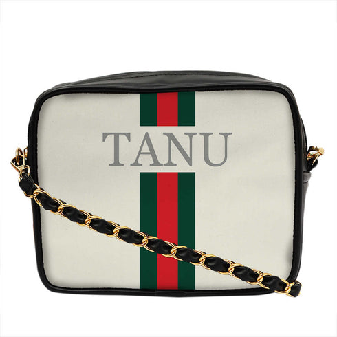 White Customized Red Striped Sling Bag - Uncommongifts.in