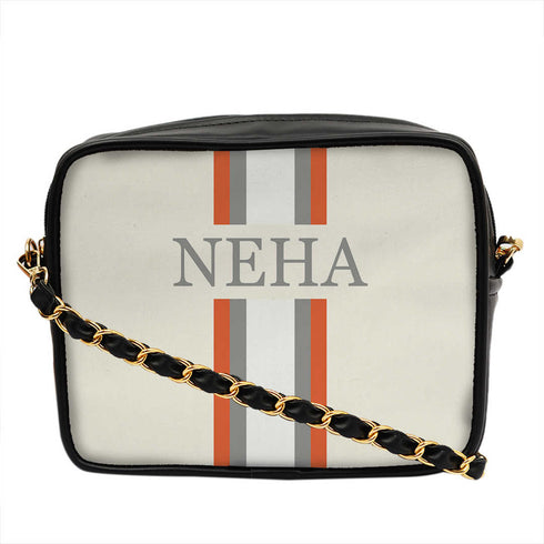 Canvas Customized White Striped Sling Bag - Uncommongifts.in