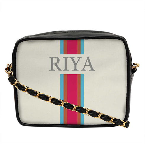White Customized Pink Striped Sling Bag - Uncommongifts.in