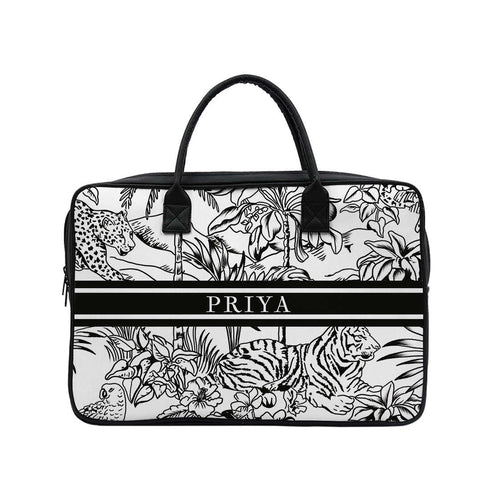 Black & White Animal Printed Customised Canvas and PU Laptop Bag - Uncommongifts.in