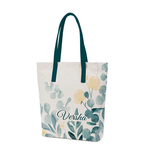 Off White & Green Printed Structured Tote Bag - Uncommongifts.in