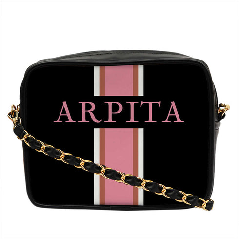Black Customized Pink Striped Sling Bag - Uncommongifts.in