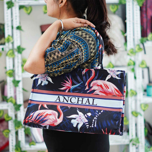 Customized Blue Flamingo Printed Structured Tote Box Bag - Uncommongifts.in