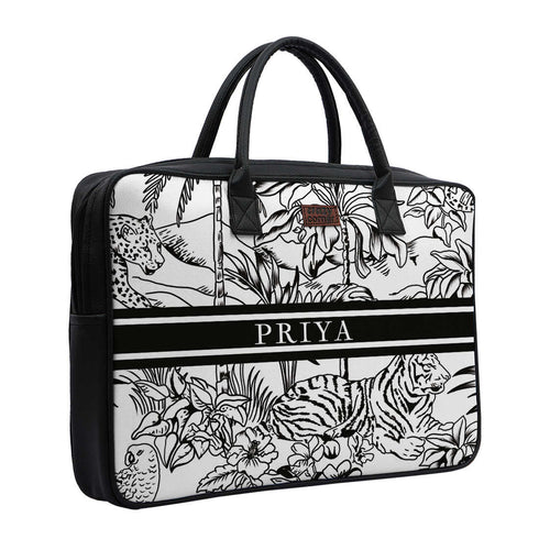 Black & White Animal Printed Customised Canvas and PU Laptop Bag - Uncommongifts.in