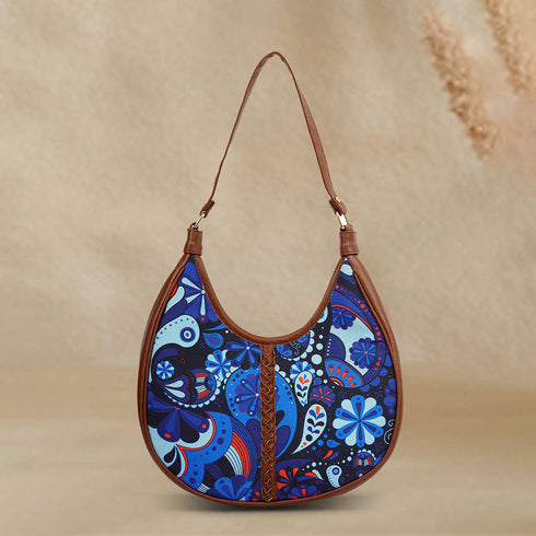 Ethnic Motifs Blue Printed Half Moon Hobo Bag - Uncommongifts.in