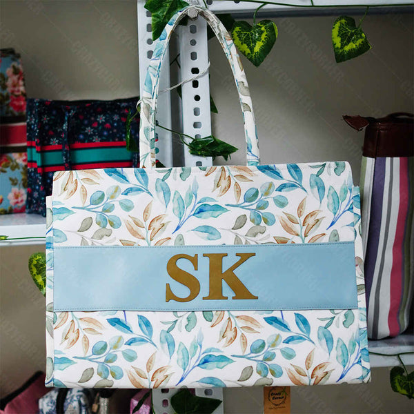 Customized Leaf Printed Blue Handheld Box Bag - Uncommongifts.in