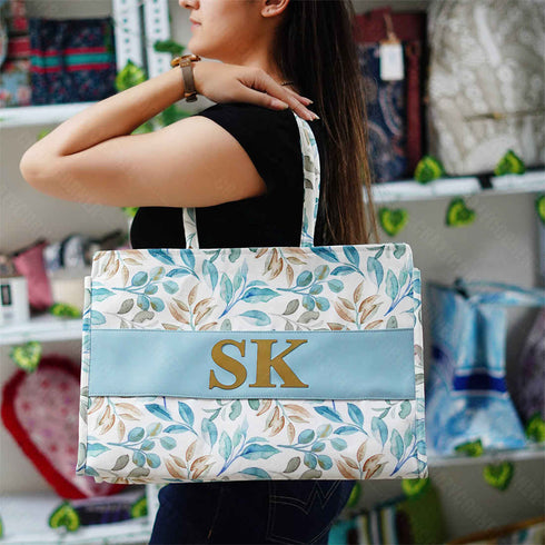 Customized Leaf Printed Blue Handheld Box Bag - Uncommongifts.in