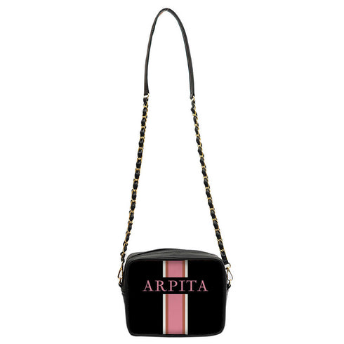 Black Customized Pink Striped Sling Bag - Uncommongifts.in
