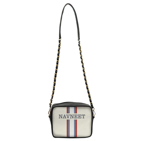 Personalised White Striped Sling Bag - Uncommongifts.in