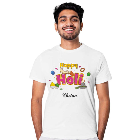 Personalized Happy Holi Printed T-Shirt - Uncommongifts.in