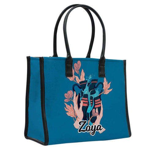 Personalised Blue Printed Box Tote Bag - Uncommongifts.in