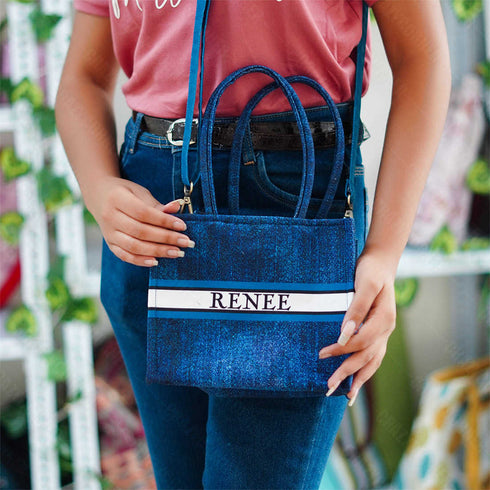 Customized Denim Printed Blue Handheld Box Bag - Uncommongifts.in