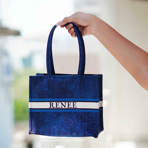 Customized Denim Printed Blue Handheld Box Bag - Uncommongifts.in