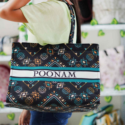 Customized Ethnic Motifs Printed Blue Oversized Structured Handheld Box Bag - Uncommongifts.in